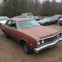 A rundown car that could conceivably be purchased for 100 dollars, showing signs of wear and tear but still operational.