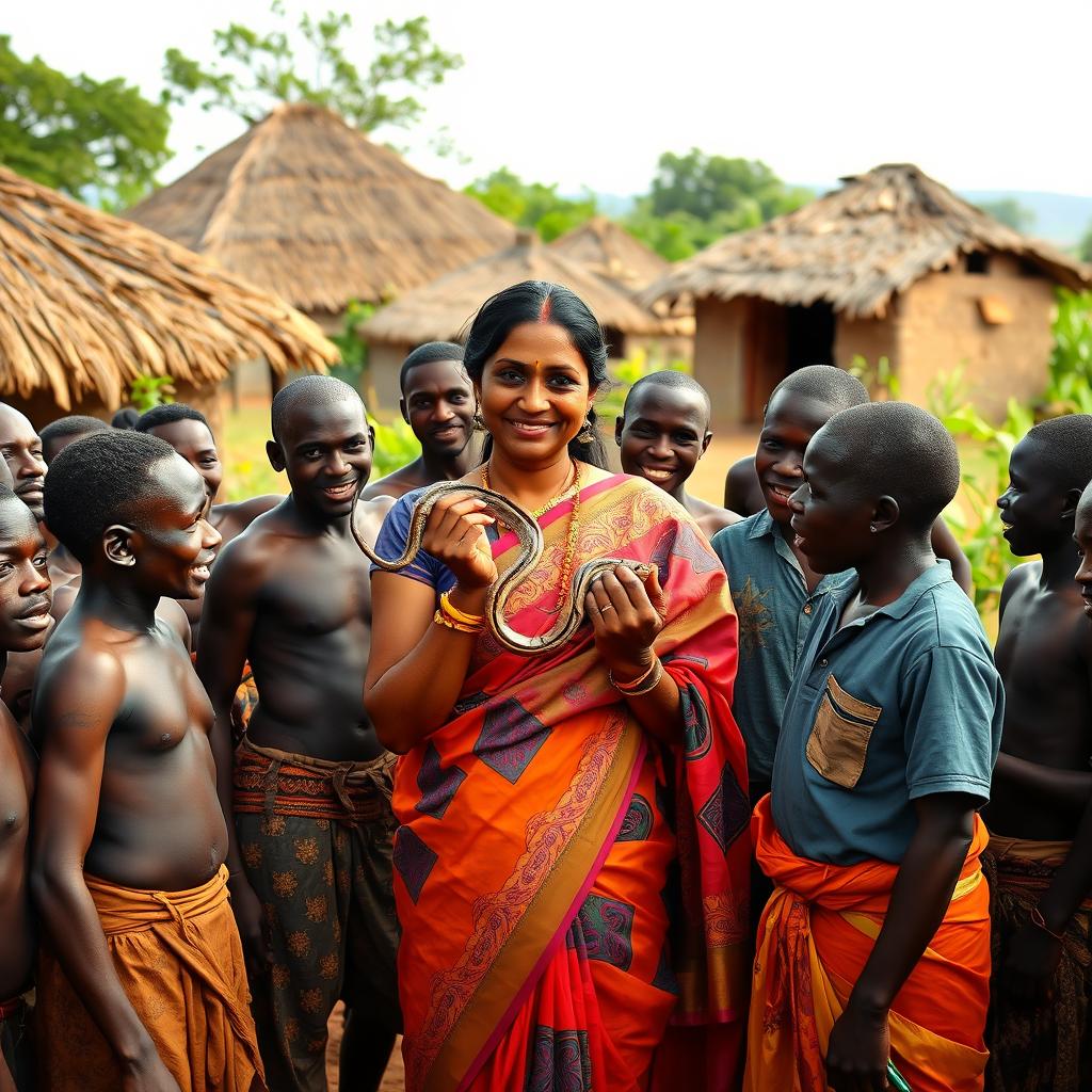 A dusky Indian lady elegantly dressed in a colorful saree stands at the center of an African village, where a group of cheerful African men surrounds her, engaging in a lively and friendly manner