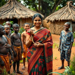 A dusky Indian lady elegantly dressed in a colorful saree stands at the center of an African village, where a group of cheerful African men surrounds her, engaging in a lively and friendly manner