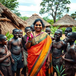 A dusky Indian lady elegantly dressed in a colorful saree stands at the center of an African village, where a group of cheerful African men surrounds her, engaging in a lively and friendly manner