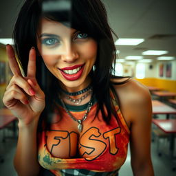 A close-up shot from behind a reinforced plexiglass window focusing on a gorgeous female with black hair