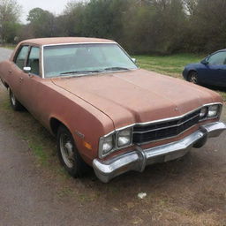 A rundown car that could conceivably be purchased for 100 dollars, showing signs of wear and tear but still operational.