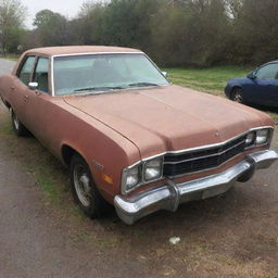 A rundown car that could conceivably be purchased for 100 dollars, showing signs of wear and tear but still operational.