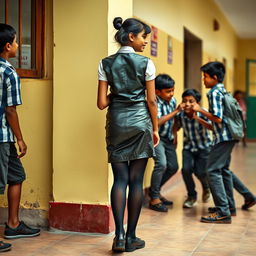 A scene featuring a 16-year-old Indian schoolgirl wearing a stylish leather skirt and tight black stockings, standing confidently against a wall