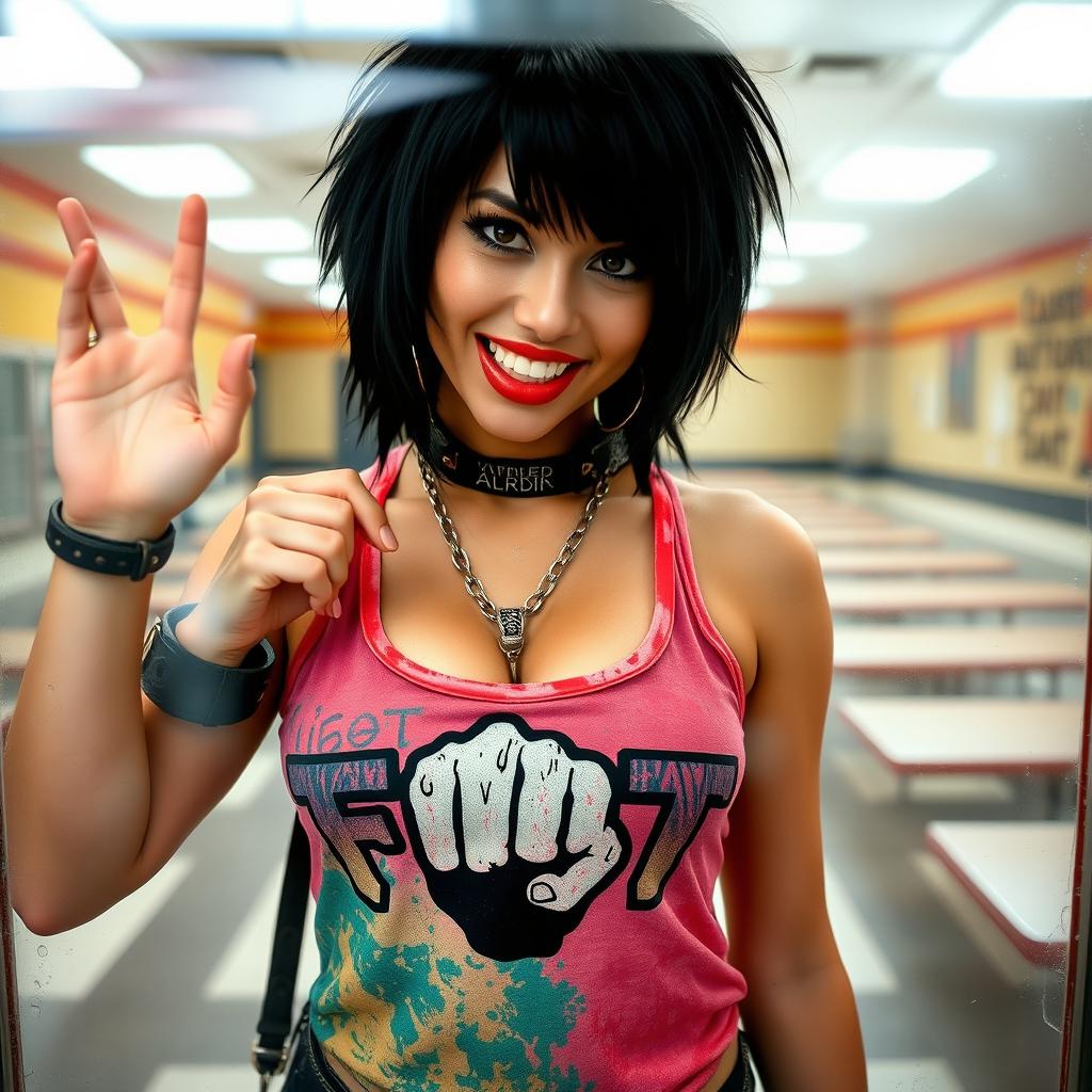 A close-up view from behind a reinforced plexiglass window, capturing a gorgeous female with black hair wearing a faded, colorful tank top featuring a bold "FIST" band logo