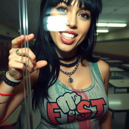 A close-up view from behind a reinforced plexiglass window, capturing a gorgeous female with black hair wearing a faded, colorful tank top featuring a bold "FIST" band logo