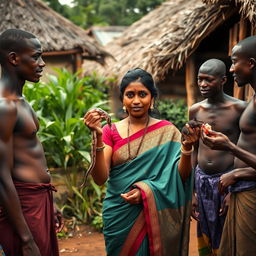 A dusky Indian lady elegantly dressed in a beautiful saree stands in an African village, confidently holding a snake in one hand and a rat in the other