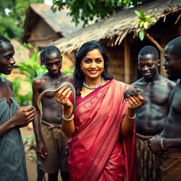 A dusky Indian lady elegantly dressed in a beautiful saree stands in an African village, confidently holding a snake in one hand and a rat in the other