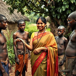 A dusky Indian lady elegantly dressed in a beautiful saree stands in an African village, confidently holding a snake in one hand and a rat in the other