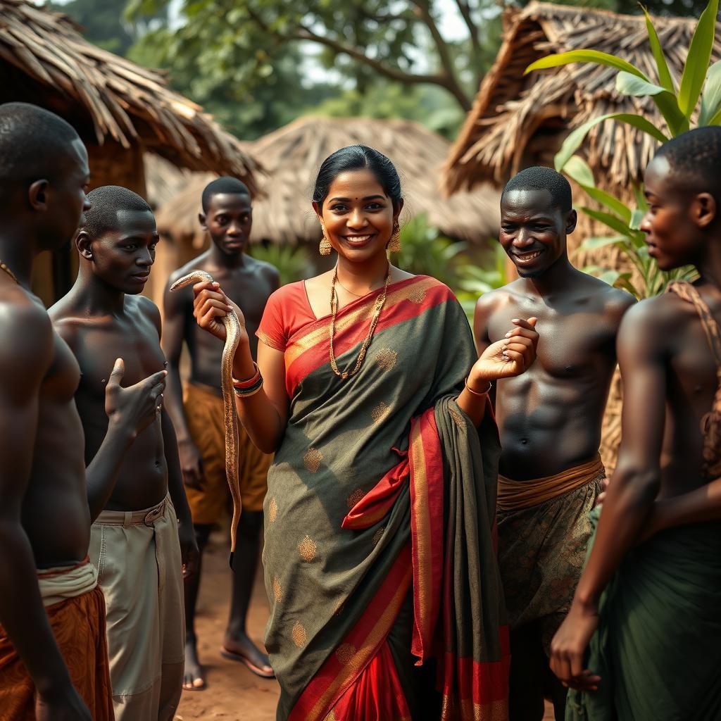 A dusky Indian lady elegantly dressed in a beautiful saree stands in an African village, confidently holding a snake in one hand and a rat in the other