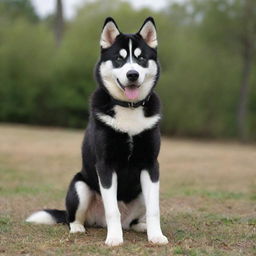 A Siberian Husky, strong, intelligent, and agile, donned its black suit, endearing with a classy and adorable air hanging around