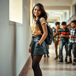 A scene featuring a 16-year-old Indian schoolgirl wearing a stylish leather skirt and tight black stockings, standing confidently against a wall while showcasing her fashionable outfit