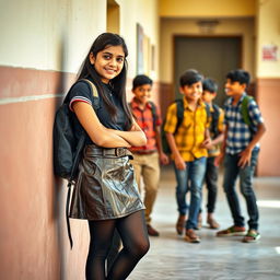 A scene featuring a 16-year-old Indian schoolgirl wearing a stylish leather skirt and tight black stockings, standing confidently against a wall while showcasing her fashionable outfit