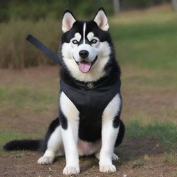 A Siberian Husky, strong, intelligent, and agile, donned its black suit, endearing with a classy and adorable air hanging around