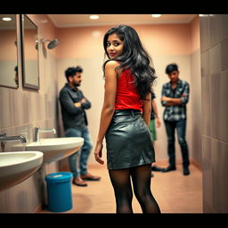 A scene set in a bathroom featuring a 16-year-old Indian schoolgirl in a stylish leather skirt and tight black stockings, standing with her back to the camera and playfully posing against the wall