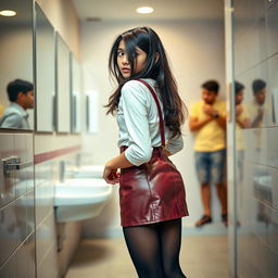 A scene set in a bathroom featuring a 16-year-old Indian schoolgirl in a stylish leather skirt and tight black stockings, standing with her back to the camera and playfully posing against the wall