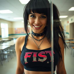 A close-up view from behind a reinforced plexiglass window, showing a gorgeous female with black hair