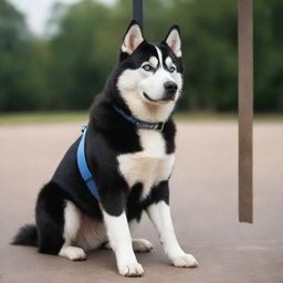 A Siberian Husky, strong, intelligent, and agile, donned its black suit, endearing with a classy and adorable air hanging around