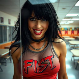 A close-up view from behind a reinforced plexiglass window, showing a gorgeous female with black hair