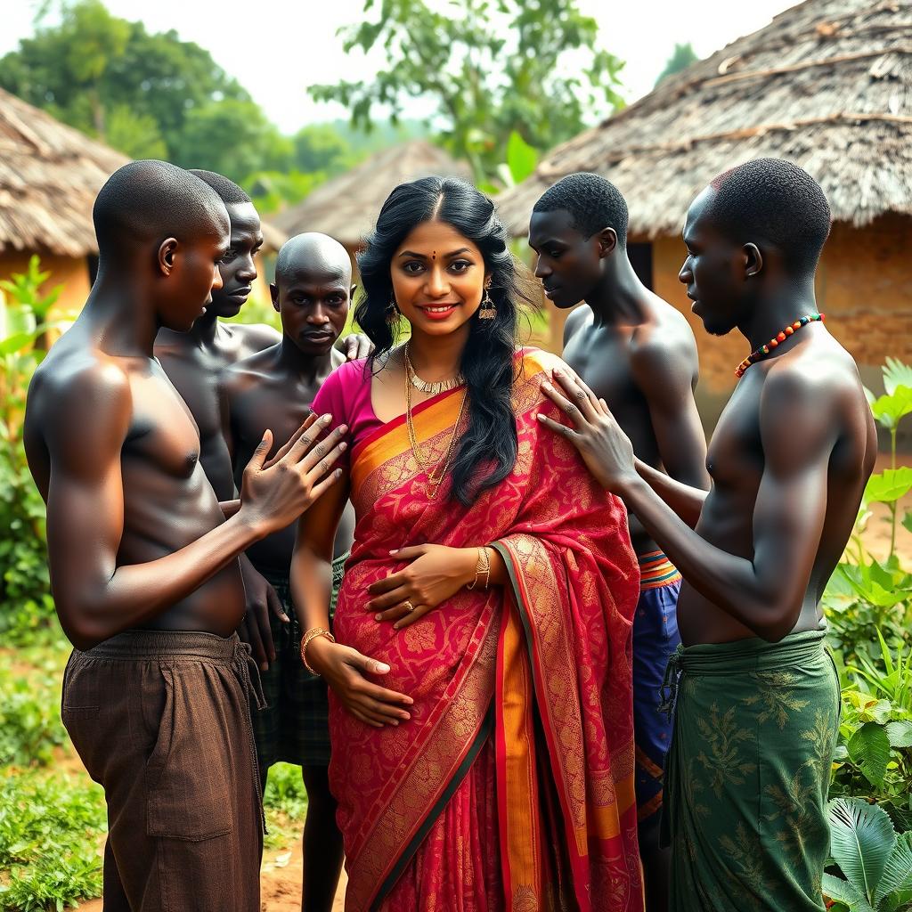 A dusky Indian lady dressed in a beautiful saree stands in the midst of an African village, exuding confidence and grace