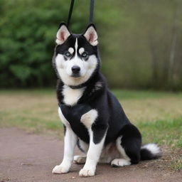 A Siberian Husky, strong, intelligent, and agile, donned its black suit, endearing with a classy and adorable air hanging around