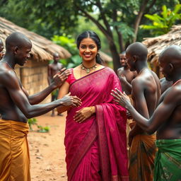 A dusky Indian lady dressed in a beautiful saree stands in the midst of an African village, exuding confidence and grace