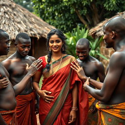 A dusky Indian lady dressed in a beautiful saree stands in the midst of an African village, exuding confidence and grace