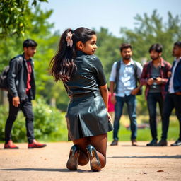 A scene in a park featuring a 16-year-old Indian schoolgirl wearing a fashionable leather skirt and tight black stockings, kneeling down on her knees with her back to the camera