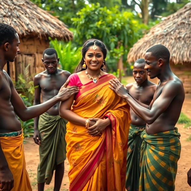 A dusky Indian lady dressed in a beautiful saree stands in the midst of an African village, exuding confidence and grace