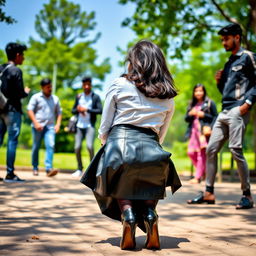 A scene in a park featuring a 16-year-old Indian schoolgirl wearing a fashionable leather skirt and tight black stockings, kneeling down on her knees with her back to the camera