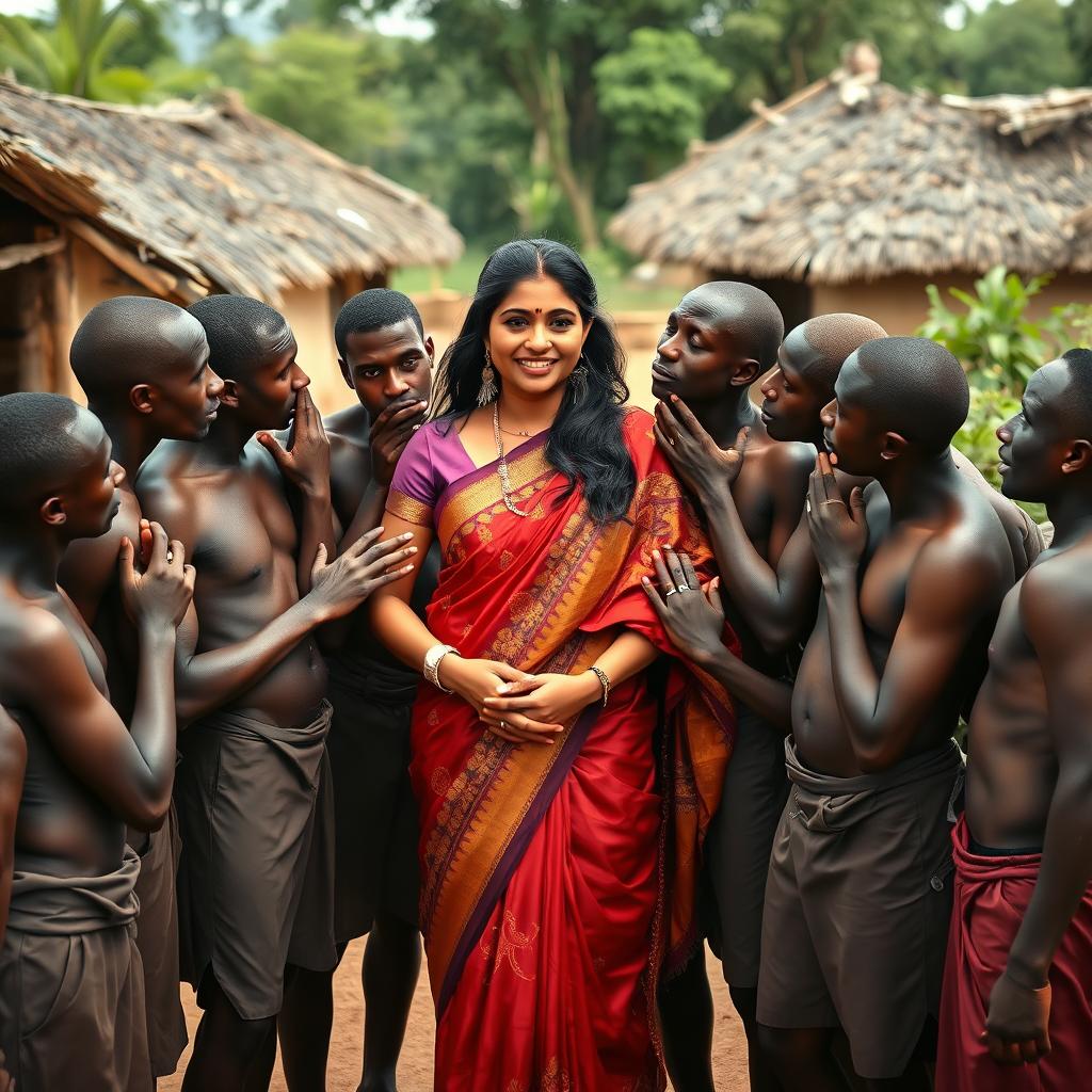 A dusky Indian lady dressed in a stunning saree stands confidently in an African village, surrounded by ten slim African men who are affectionately engaging with her