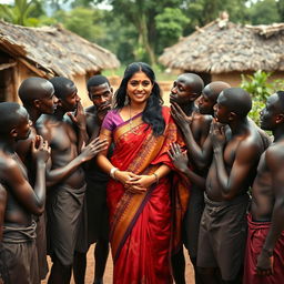 A dusky Indian lady dressed in a stunning saree stands confidently in an African village, surrounded by ten slim African men who are affectionately engaging with her