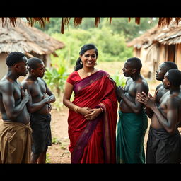 A dusky Indian lady dressed in a stunning saree stands confidently in an African village, surrounded by ten slim African men who are affectionately engaging with her