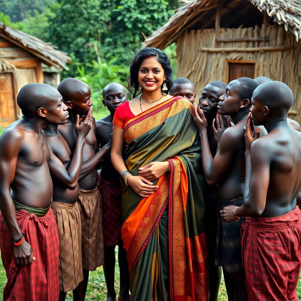 A dusky Indian lady dressed in a stunning saree stands confidently in an African village, surrounded by ten slim African men who are affectionately engaging with her