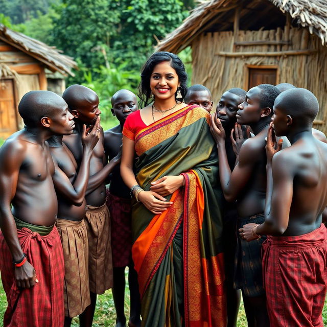 A dusky Indian lady dressed in a stunning saree stands confidently in an African village, surrounded by ten slim African men who are affectionately engaging with her