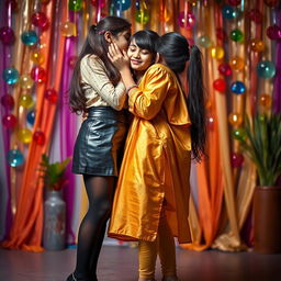 An intimate and colorful scene featuring two young women in a vibrant setting