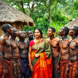 A dusky Indian lady, gracefully adorned in a vibrant saree, stands in an African village