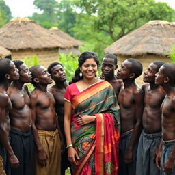 A dusky Indian lady, gracefully adorned in a vibrant saree, stands in an African village