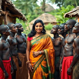 A dusky Indian lady, gracefully adorned in a vibrant saree, stands in an African village