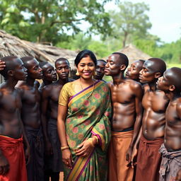 A dusky Indian lady, gracefully adorned in a vibrant saree, stands in an African village