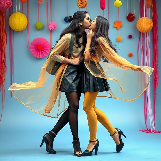 A vibrant and playful scene featuring a 16-year-old Indian schoolgirl wearing glasses, a chic leather skirt, tight black stockings, and stylish heels