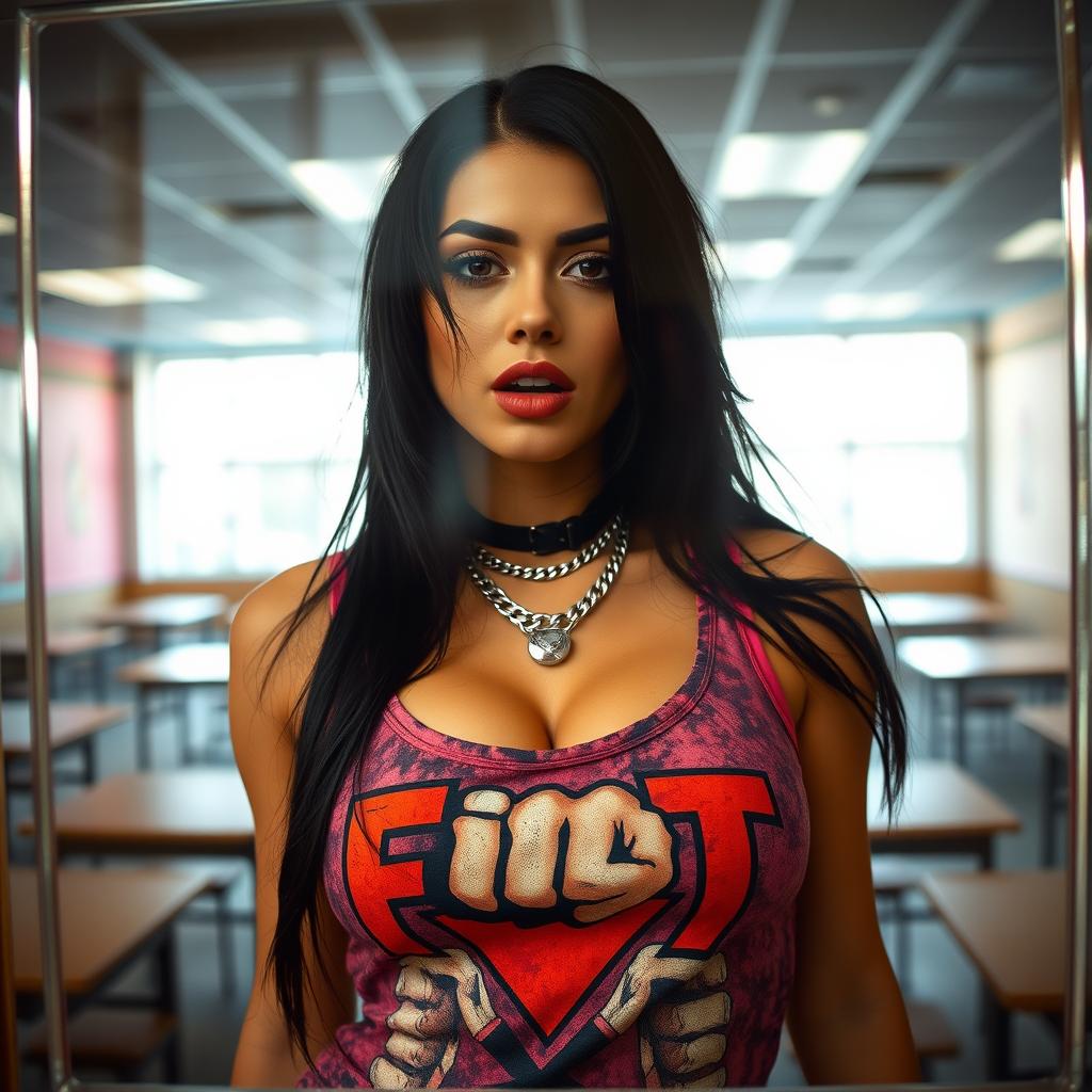 A striking close-up view from behind a reinforced plexiglass window, focusing on the chest and torso of a gorgeous female with flowing black hair