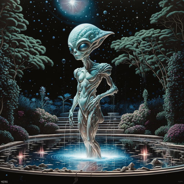 Rococo style alien in a beautifully groomed garden under an alien sky, reflecting constellations of a clear night sky.