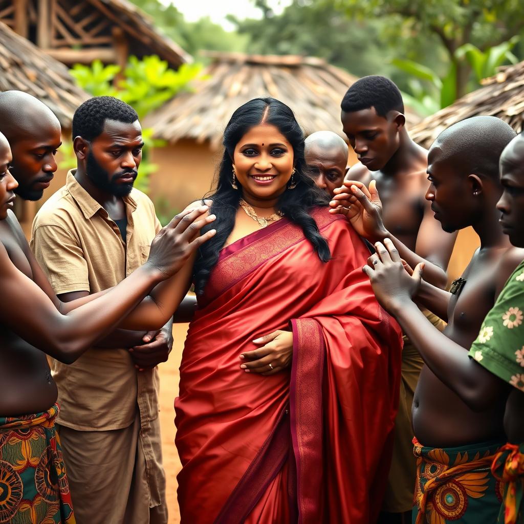 A large-breasted dusky Indian lady in an elegant saree stands gracefully in an African village