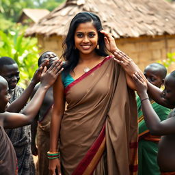 A large-breasted dusky Indian lady in an elegant saree stands gracefully in an African village