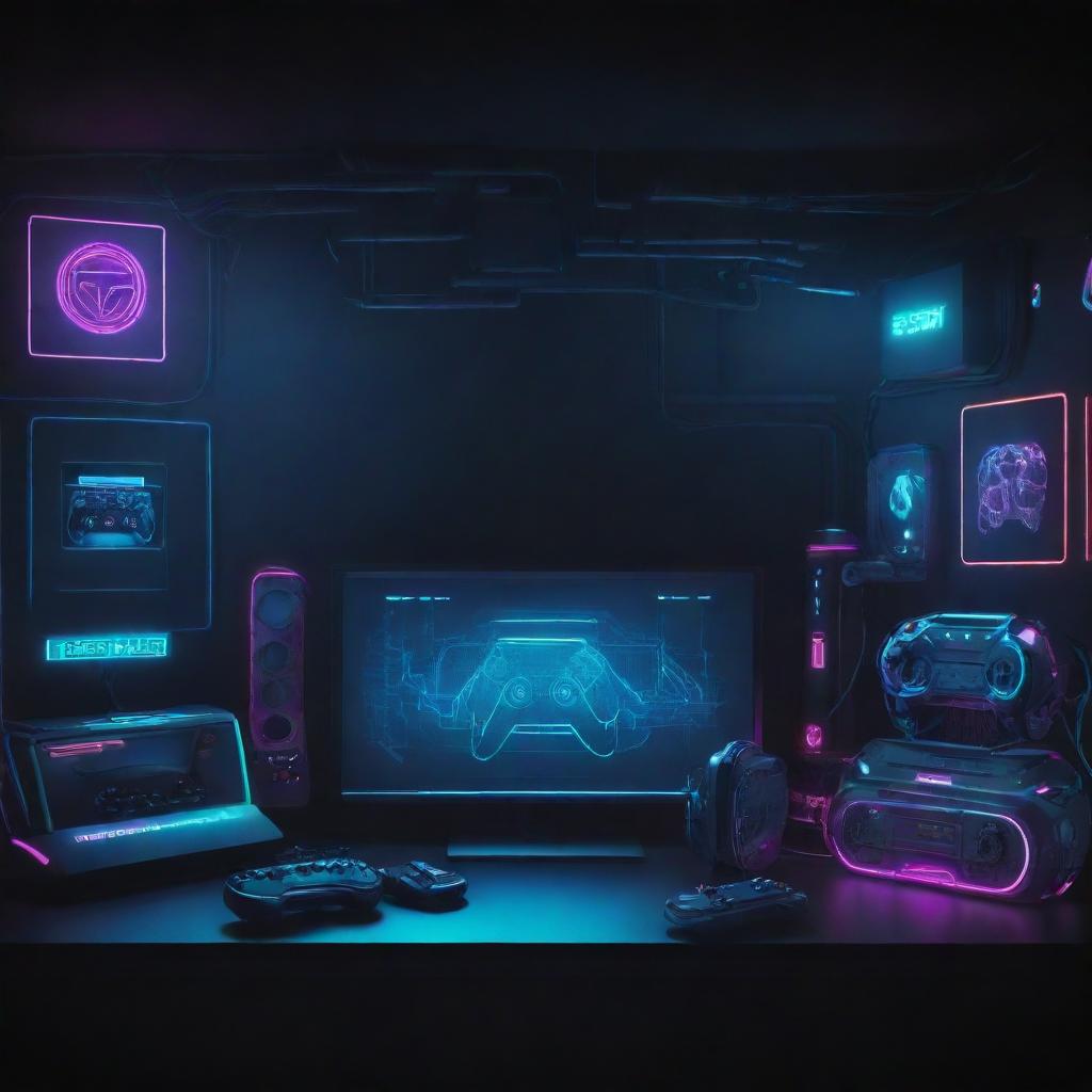 Immersive gaming e-commerce site background showcasing popular video games, gaming consoles, accessories, and digital portals with cybernetic elements and neon accents on a dark futuristic background