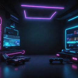 Immersive gaming e-commerce site background showcasing popular video games, gaming consoles, accessories, and digital portals with cybernetic elements and neon accents on a dark futuristic background