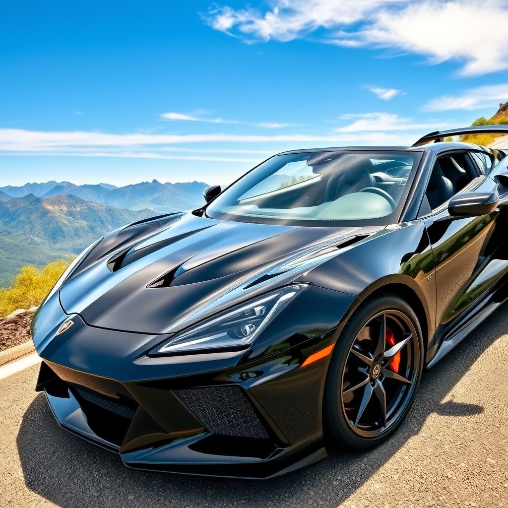 A muscular black sports car with a shiny, sleek exterior, showcasing an aggressive design and aerodynamic curves