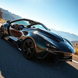 A muscular black sports car with a shiny, sleek exterior, showcasing an aggressive design and aerodynamic curves