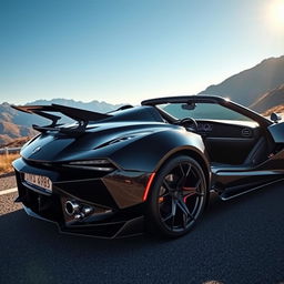 A muscular black sports car with a shiny, sleek exterior, showcasing an aggressive design and aerodynamic curves